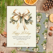 Gold Bow Watercolor Foliage Beige Christmas  Feestdagenkaart