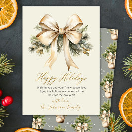 Gold Bow Watercolor Foliage Beige Christmas Feestdagenkaart