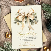 Gold Bow Watercolor Foliage Beige Christmas  Feestdagenkaart