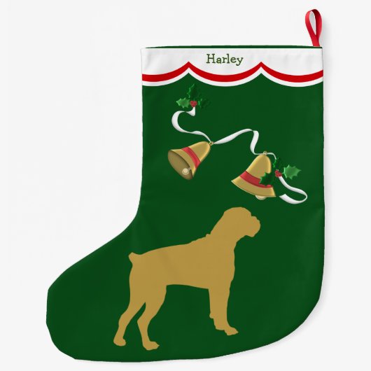 Gold Boxer Dog Holiday Bells Grote Kerstsok (Achterkant)