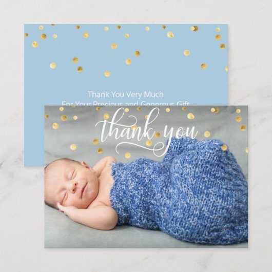 Gold BOY Baby shower DANK JE | FOTO + TEKST Bedankkaart (Voorkant / Achterkant)