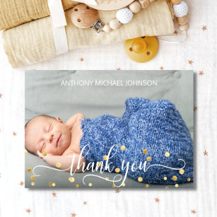 Gold BOY Baby shower DANK JE   FOTO + TEKST Bedankkaart