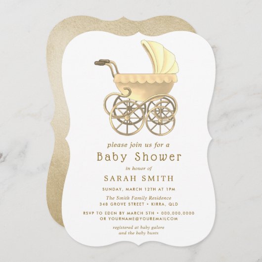 Gold Boy or Girl Stroller Pram Baby shower Invite Kaart (Voorkant / Achterkant)