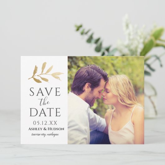 Gold Branch Wedding White Save The Date (Staand voorkant)