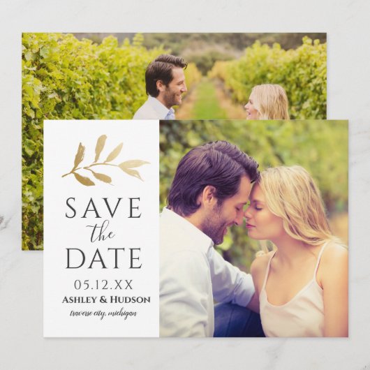 Gold Branch Wedding White Save The Date (Voorkant / Achterkant)
