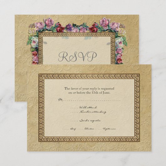 Gold Brocade Damask Floral Formal Elegant RSVP (Voorkant / Achterkant)