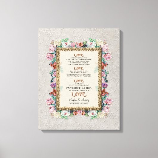 Gold Brocade Floral Love is Weddenschap Personaliz Canvas Afdruk (Voorkant)