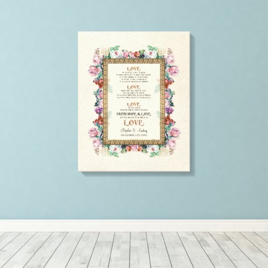 Gold Brocade Floral Love is Weddenschap Personaliz Canvas Afdruk (Insitu (Houten vloer))