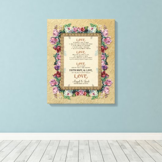 Gold Brocade Floral Love is Weddenschap Personaliz Canvas Afdruk (Insitu (Houten vloer))