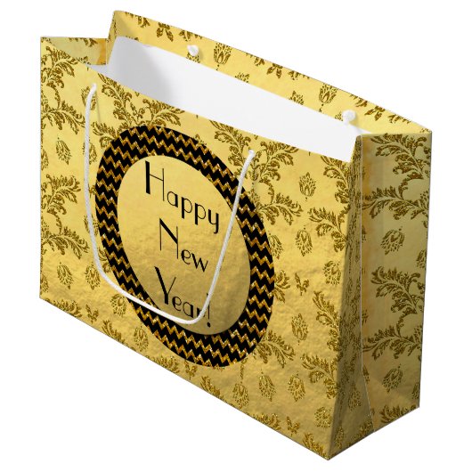 Gold Brocade Happy Nieuwjaar! Classy Gift Bag Large Cadeautasje (Voorkant Gekanteld)