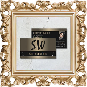 Gold Brown Black Stylish met Monogram en Foto Visitekaartje