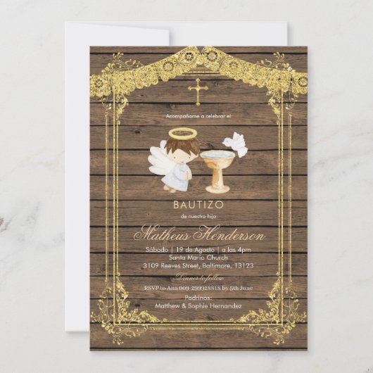 Gold Brown Boy Mexican Baptism Invitation Kaart (Voorkant)