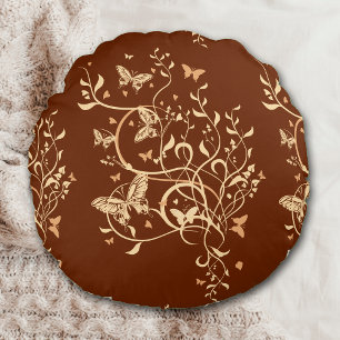 Gold Brown Butterfly Swirl Rond Kussen