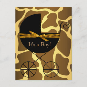 Gold Brown Carriage Boy Giraffe Baby shower Kaart