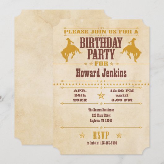 Gold Brown  Cowboy Birthday Uitnodiging (Voorkant / Achterkant)