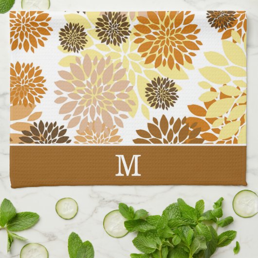 Gold Brown Flower Pattern Monogram Theedoek (Gevouwen)