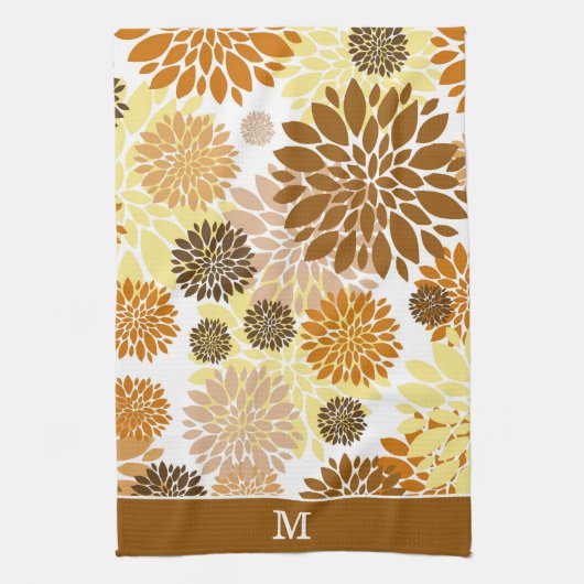Gold Brown Flower Pattern Monogram Theedoek (Verticaal)