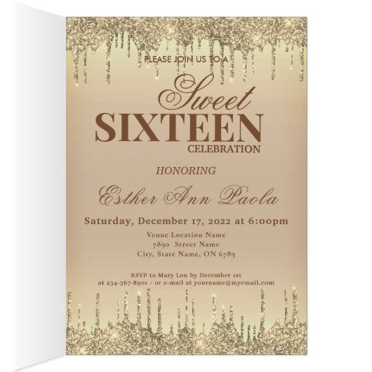 Gold Brown Glitter Sweet 16 uitnodiging van 16 sep (Binnen (Rechts))
