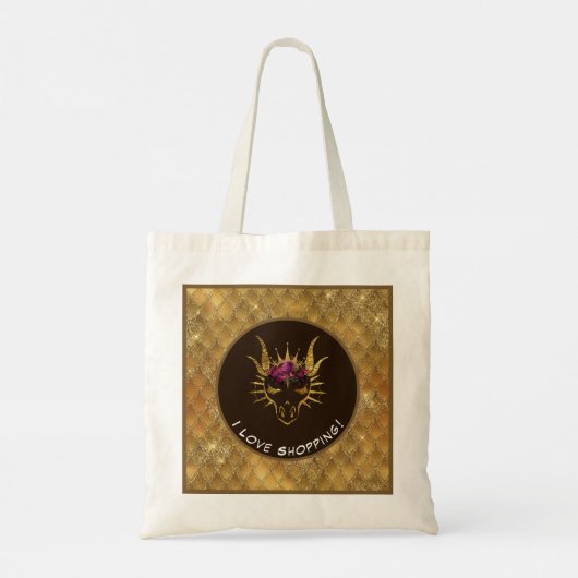 Gold & Brown I Love Shopping Dragon Head & Scales Tote Bag (Achterkant)