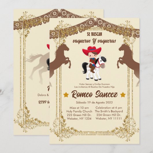 Gold Brown Mexican Cowboy Baptism Invite Kaart (Voorkant / Achterkant)