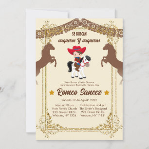 Gold Brown Mexican Cowboy Baptism Invite Kaart