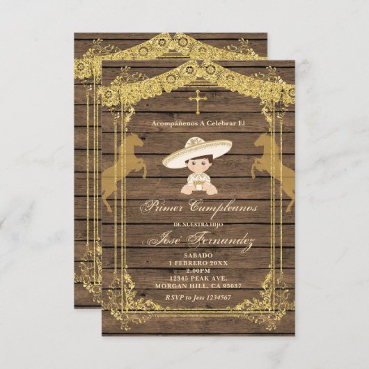 Gold Brown PRIMER CUMPLEANOS Uno Fiesta Birthday Kaart (Voorkant / Achterkant)