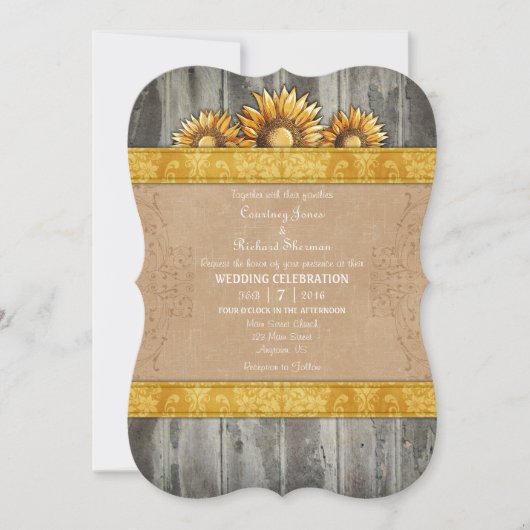 Gold Brown Rustic Sunflower Wedding Invite Kaart (Voorkant)