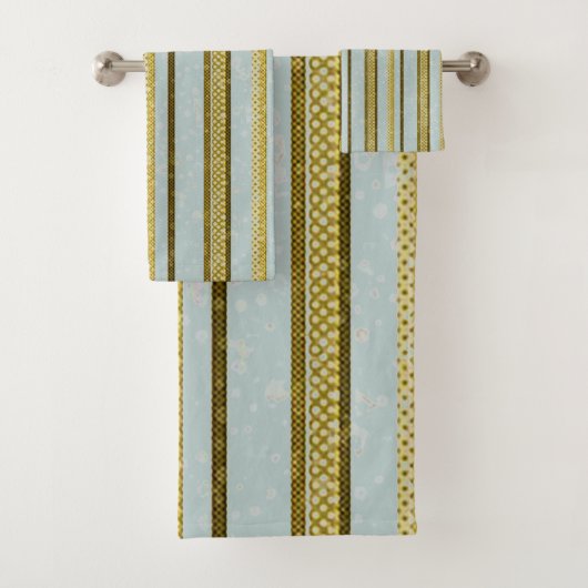 Gold-, bruin- en zacht blauw Stripe doekset Bad Handdoek (Insitu)