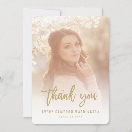 Gold Brush Script Calligraphy Photo Afstuderen Bedankkaart (Voorkant)