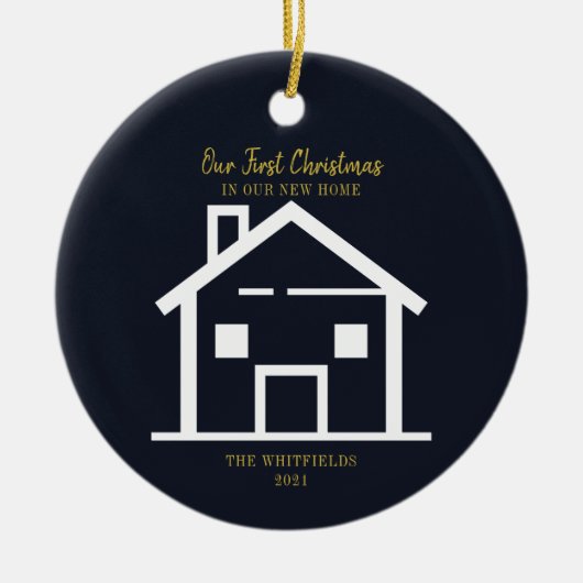 Gold Brush Script First Kerstfeestay New Home Keramisch Ornament (Voorkant)