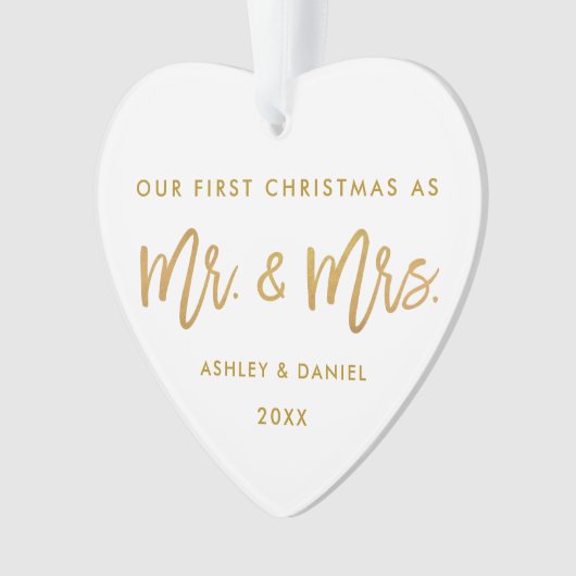 Gold Brush Script First Kerstmis | Foto terug Ornament (voorkant)