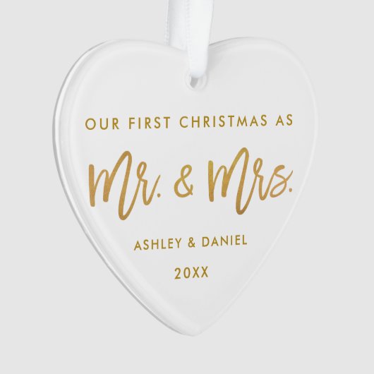 Gold Brush Script First Kerstmis | Foto terug Ornament (voorkant)