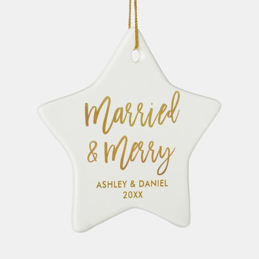 Gold Brush Script-married & Merry Wedding Star Keramisch Ornament (Rechts)