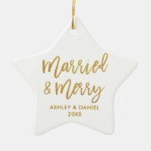 Gold Brush Script-married & Merry Wedding Star Keramisch Ornament (Voorkant)