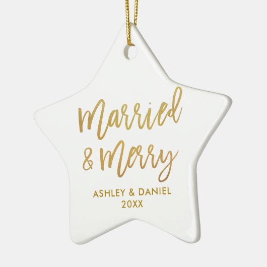 Gold Brush Script-married & Merry Wedding Star Keramisch Ornament (Links)