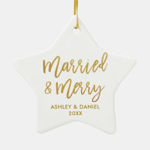 Gold Brush Script-married & Merry Wedding Star Keramisch Ornament