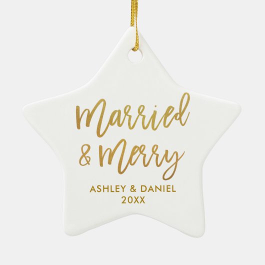Gold Brush Script-married & Merry Wedding Star Keramisch Ornament (Achterkant)