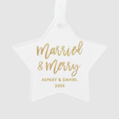 Gold Brush Script-married & Merry Wedding Star Ornament (achterkant)