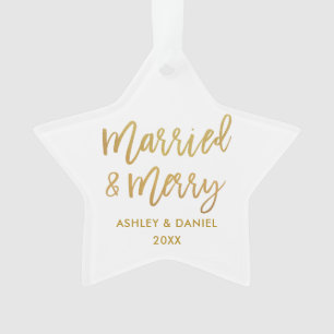 Gold Brush Script-married & Merry Wedding Star Ornament