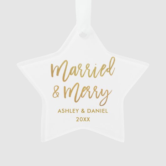 Gold Brush Script-married & Merry Wedding Star Ornament (voorkant)