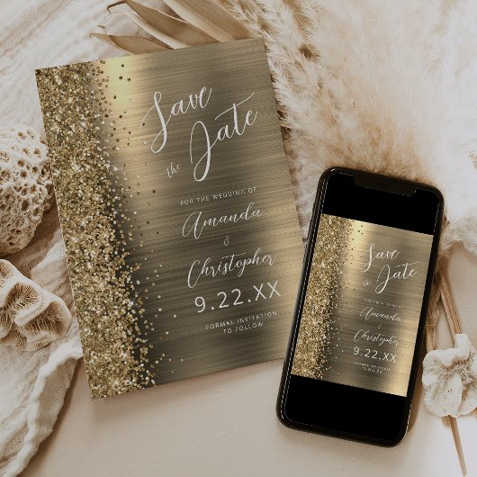Gold Brushed Metal Script Save the Date Aankondiging