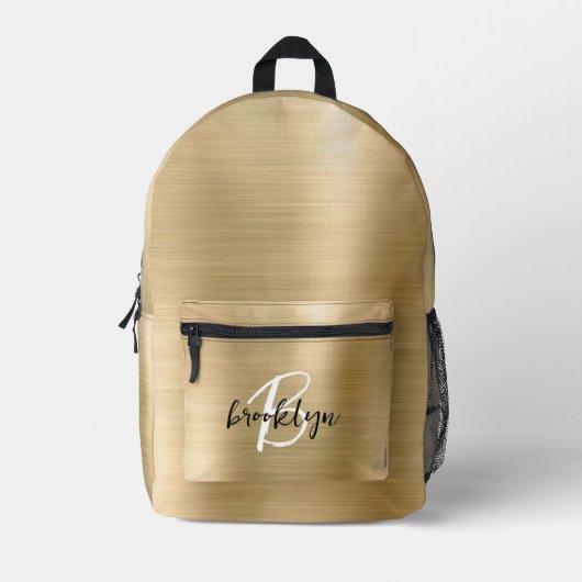 Gold Brushed Metal Zwart Wit Script Monogram Bedrukte Rugzak (Voorkant)