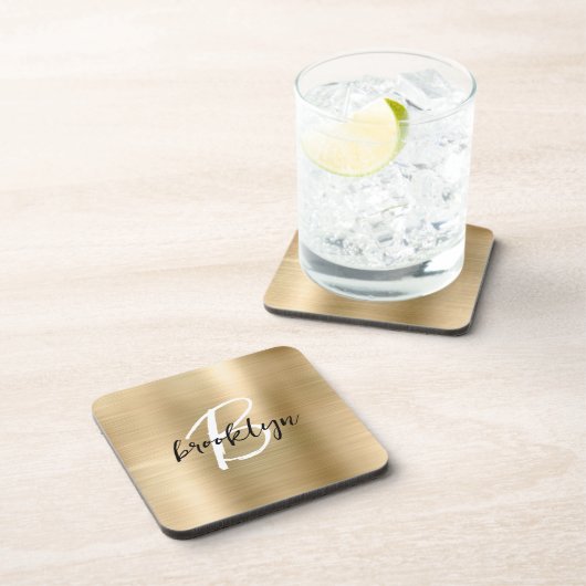 Gold Brushed Metal Zwart Wit Script Monogram Bier Onderzetter (Rechterzijde)