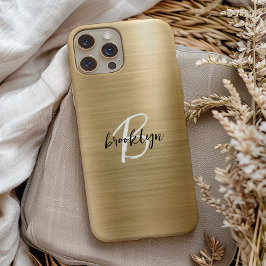 Gold Brushed Metal Zwart Wit Script Monogram iPhone 15 Case