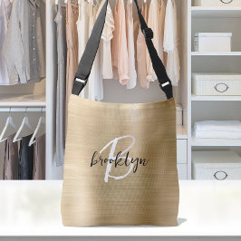 Gold Brushed Metal Zwart Wit Script Monogram Crossbody Tas