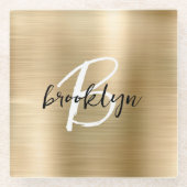 Gold Brushed Metal Zwart Wit Script Monogram Glazen Onderzetter (Voorkant)