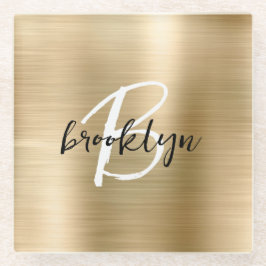 Gold Brushed Metal Zwart Wit Script Monogram Glazen Onderzetter