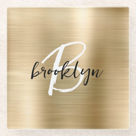 Gold Brushed Metal Zwart Wit Script Monogram Glazen Onderzetter (Voorkant)