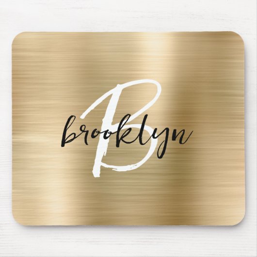 Gold Brushed Metal Zwart Wit Script Monogram Muismat (Voorkant)