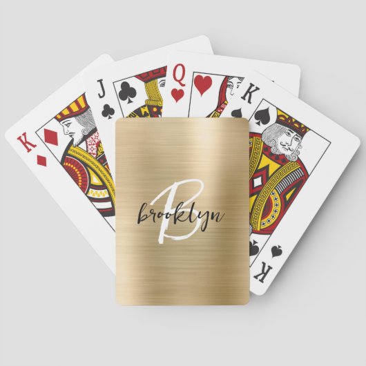 Gold Brushed Metal Zwart Wit Script Monogram Pokerkaarten (Achterkant)